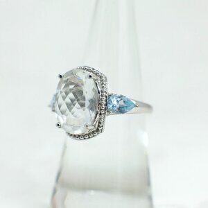 Vintage Sterling Silver Statement Ring Clear Center Stone Blue Side Stones